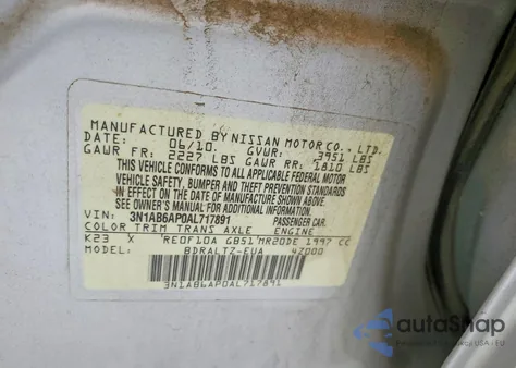 2010 Nissan Sentra 2.0 z USA, uszkodzony, nr VIN 3N1AB6AP0AL717891